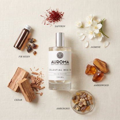 Celestial Red 10 by Auroma — fragrance notes flat lay